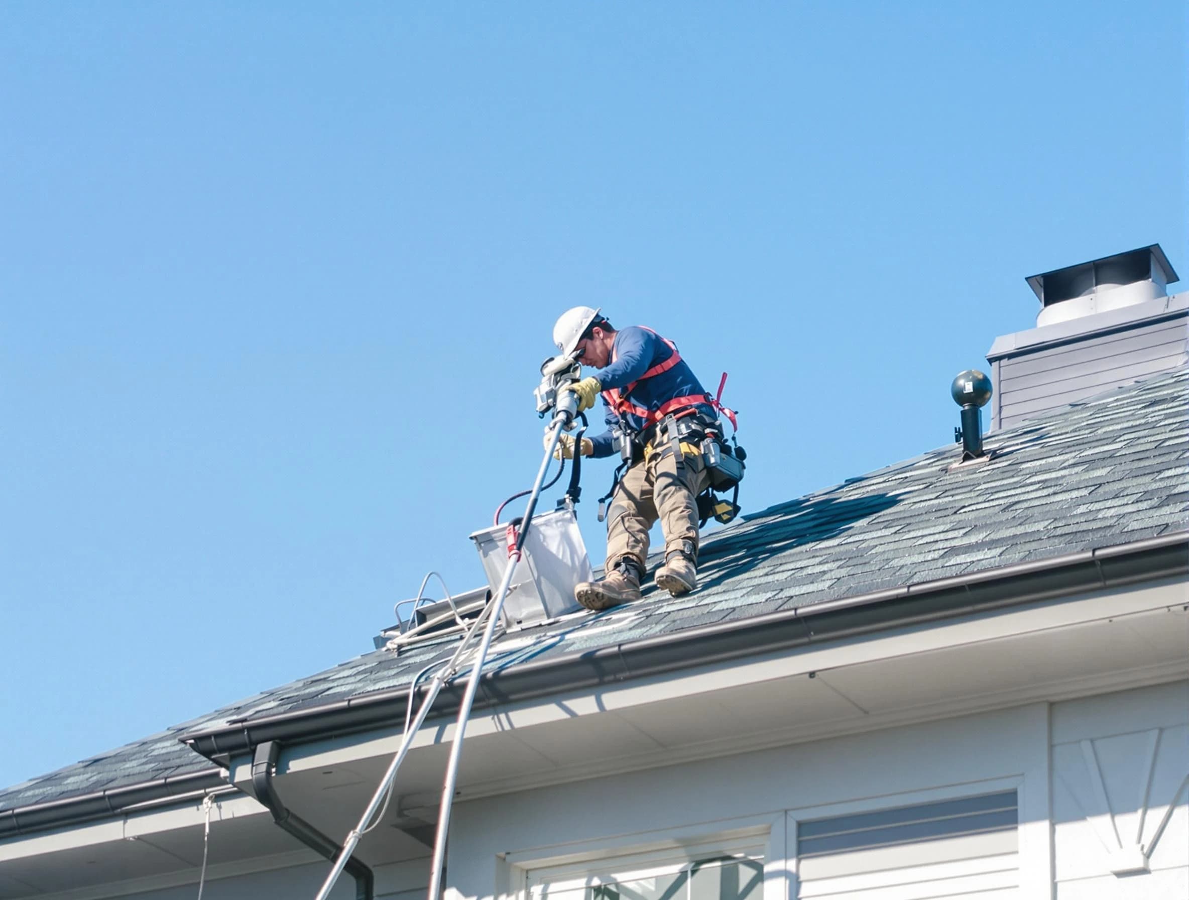 Menifee Dryer Vent Cleaning certified technician cleaning a roof-mounted dryer vent system in Menifee