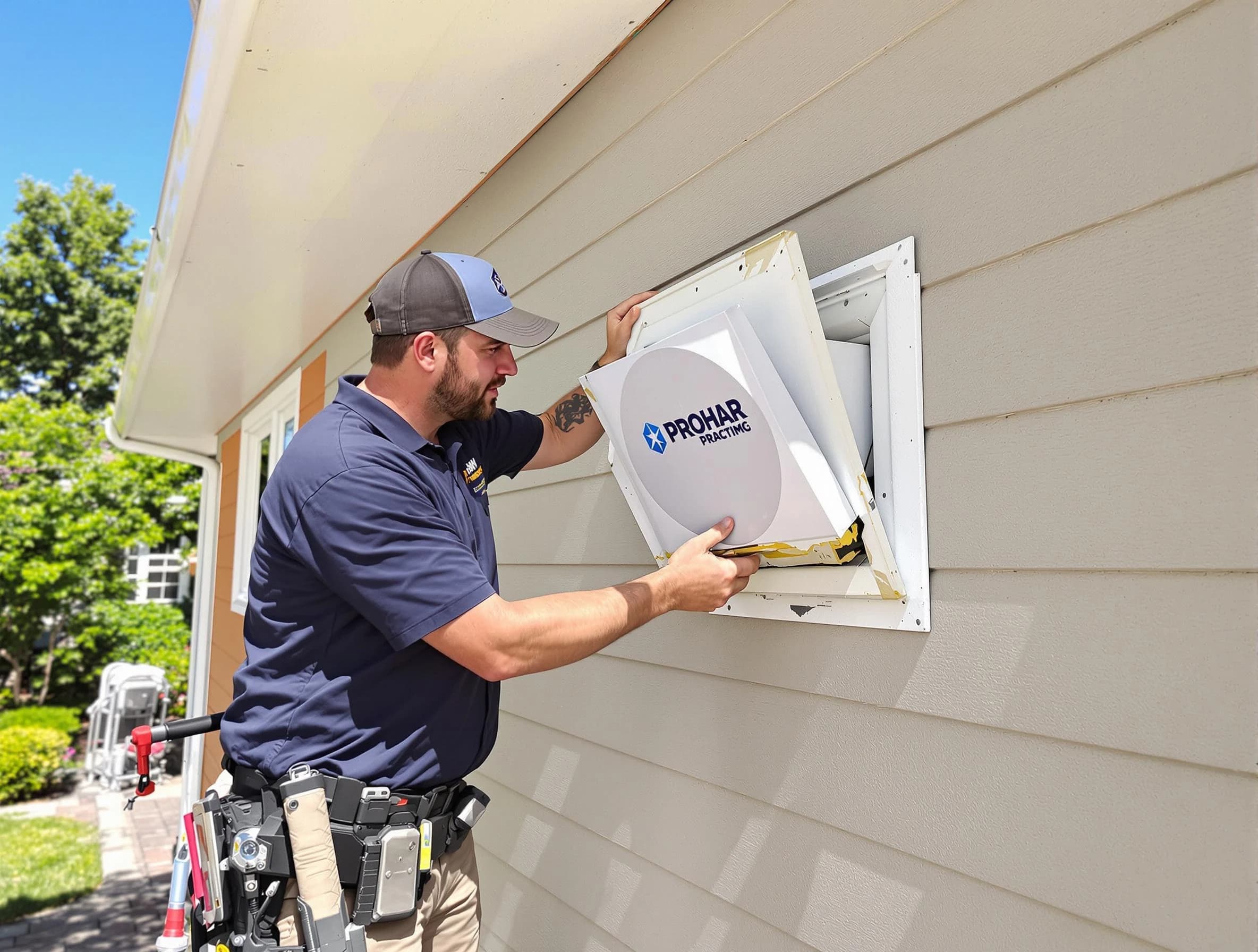 Menifee Dryer Vent Cleaning technician installing a new protective dryer vent cover on a home in Menifee