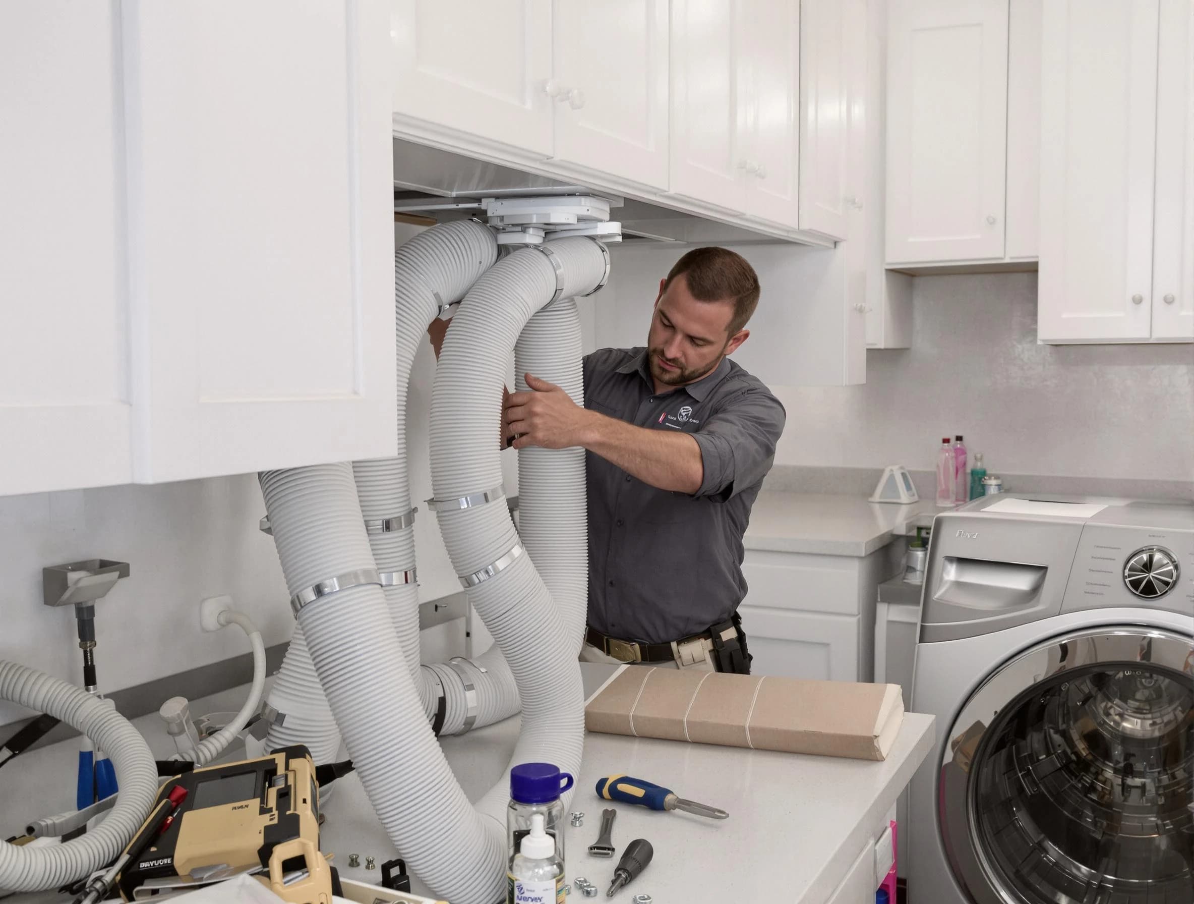 Menifee Dryer Vent Cleaning technician installing a new professional-grade dryer vent hose in Menifee