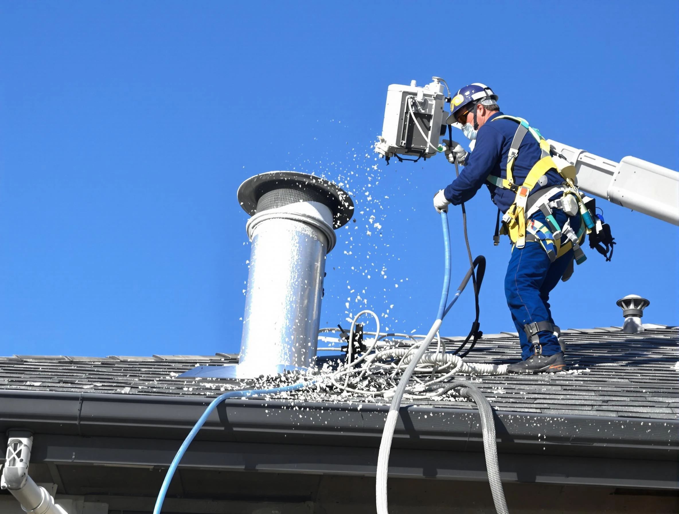 Menifee Dryer Vent Cleaning certified technician safely cleaning a roof-mounted dryer vent in Menifee