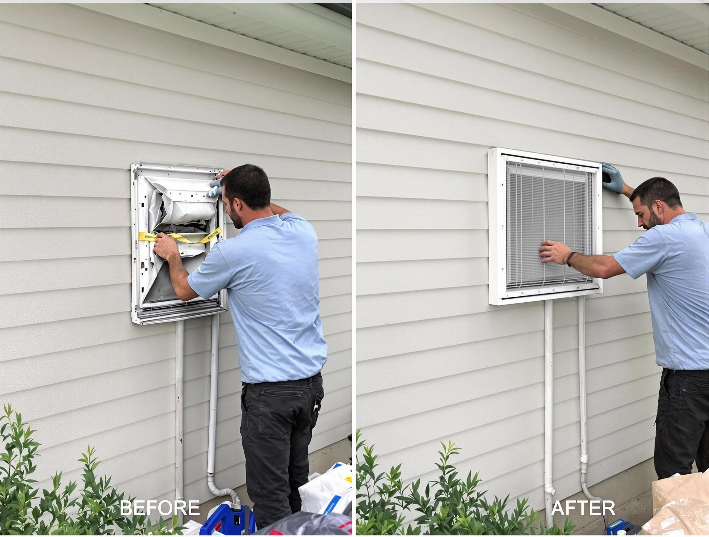Menifee Dryer Vent Cleaning technician installing high-quality dryer vent cover at a residential property in Menifee